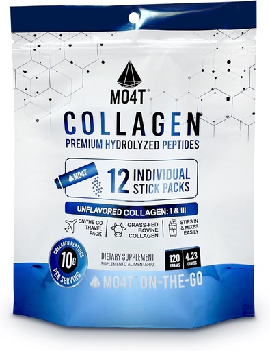 [BRSRAADRBYIQKE3H] Hydrolyzed Collagen Peptides - Collagen Travel Packets - Grass-Fed- Unflavored,-Portable Collagen Powder for Joints, Hair, Skin & Nails -12 Sachets - Collagen Stick Packs