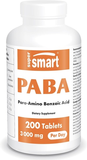 [BRSWIHQZBECGI2TM] Supersmart - PABA Supplement 3000mg per Day (para-AminoBenzoic Acid) - Natural B Complex Vitamin - Water Soluble PABA | Non-GMO & Gluten Free - 200 Tablets