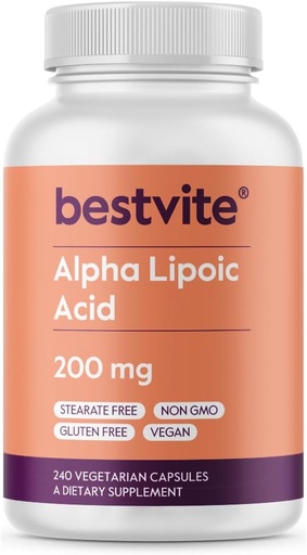 [BRSROGI5DNYAYETB] BestVITE Alpha Lipoic Acid 200 מ"ג (מנהרה) (240 קפסולות צמחוניות) - No Stearates - טבעוני - Gluten Free - Non GMO