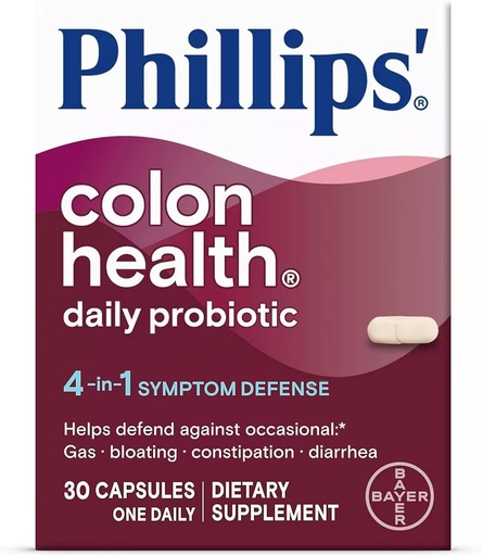 [BRSWIYYFCEMQG3TO] Phillips' Colon Health Daily Probiotic Capsules, 4-in-1 Symptom Defense to help defend against Occasional Gas, Bloating, Constipation, and Diarrhea, Daily Supplement, 30 Count