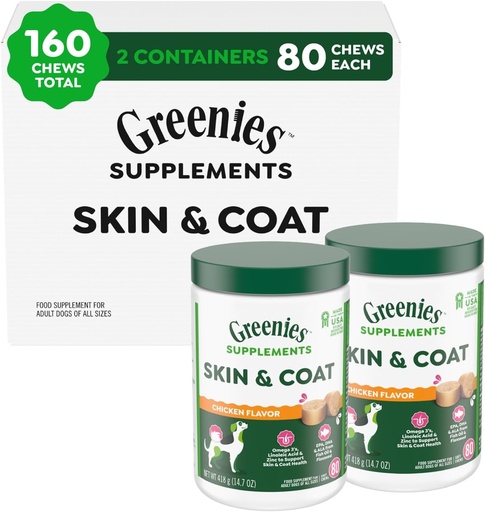 [BRSRAZQ2OEIQ4A33] Greenies Supplements Dog Skin and Coat Supplements with Fish Oil & Omega 3 Fatty Acids, Chicken Flavor, 80-Count Tub, Pack of 2
