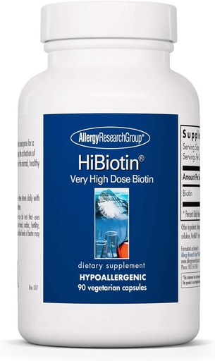 [BRSWKFA3AR7RCCA5] Allergy Research Group HiBiotin Supplement - Extra Strength Biotin Pills, Vegetarian Capsules, Hypoallergenic, Gluten Free - 90 Count