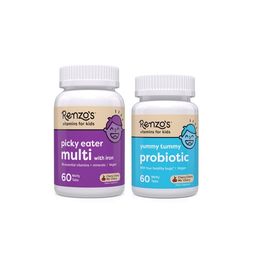 [BRSRMBARCIPAGFL3] Renzo's Vitamins Happy Tummies Bundle, Probiotics for Kids and Picky Eater Kids Multivitamin