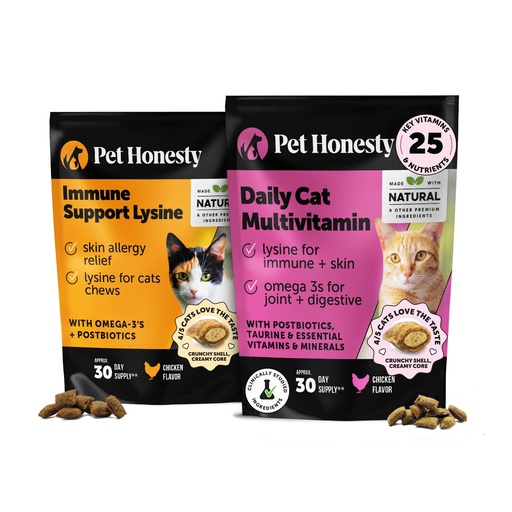 [BRSROFD2BZYGGE3Z] Cat Multivitamins + Immune Support Lysine Dual Texture Chew Supplement Bundle - Supports Overall Immune Health, Joints, Skin & Coat, and Cat Allergy Relief - Sneezing, Runny Nose