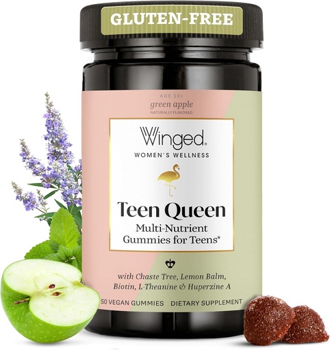 [BRSROZYDCR5BO2Q3] Winged Wellness Multivitamin Gummies for Teen Girls - Teen Vitamins for Mood & Hormonal Health - Vegan Gummy Supplement with Chaste Tree, Lemon Balm, L-Theanine, Probiotics & Biotin - 50 Gummies