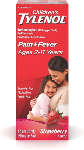 [BRSWIYIGOB6RWEQ7] Children's Tylenol Oral Suspension Medicine, Kids' Liquid Medicine Pain Reliever & Fever Reducer for Cold + Flu Symptoms, Aspirin-, Ibuprofen- & Alcohol- Free, Strawberry, 4 fl. oz