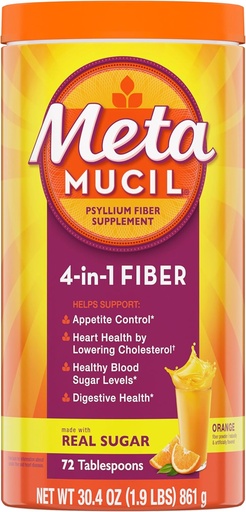 [BRSWIYTZOZ5Q23DY] Metamucil 4-i-1 Psyllium Husk Fiber Supplement, Ekte sukker, 72 ss, Orange Flavored, Daglig fiber pulver for digestiv helse, laget med plantebasert Psyllium Husk Fiber
