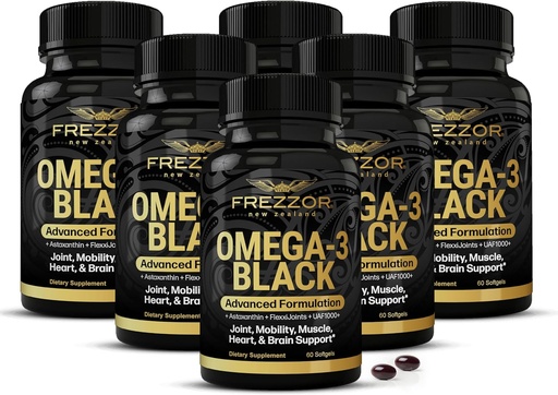 [BRSWYFA7BYBAAYDJ] FREZZOR Omega 3 Black for Joint Care & Comfort - New Zealand Green Lipped Mussel Oil Capsules; 53x Higher Potency with UAF1000+ Super Antioxidant, No Fishy Aftertaste, 450mg, 6-Pack, 360 Softgels