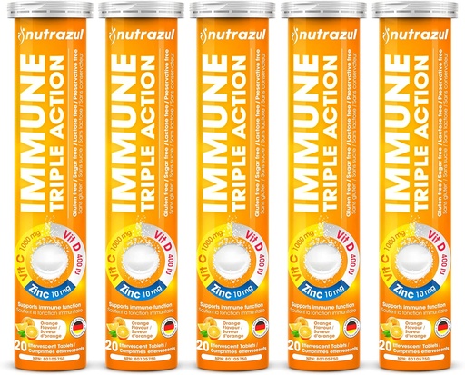 [BRSRMHQ5O4NRAYL5] Nutrazul Immuntriple Action Effervescent Tablets - Vitamin C 1000 mg, Vitamin D 400 IE, Zink 10mg I Orange (pakning med 5X20)