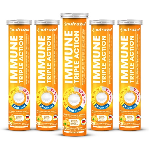 [BRSRMHQ5O4NRAYL5] nutrazul Immune Triple Action Effervescent Tablets with Vitamin C 1000mg, Vitamin D, Zinc, Support Daily Routine, Gluten-Free, Sugar-Free, Lactose-Free, Orange Flavor, 20 Tablets (Pack of 5x20)
