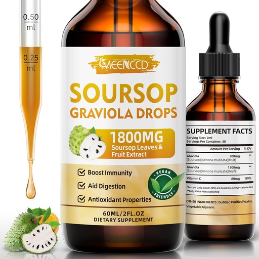 [BRSRAEAFBYPWACTV] Soursop Graviola Liquid Drops 1800mg, Antioxidant natural, Suport Cell & Regenerare, Immune Boost, Soursop Bitters lichid, Sugar-Free, non-GMO, Vegan, Orange Flavor, 2 FL OZ