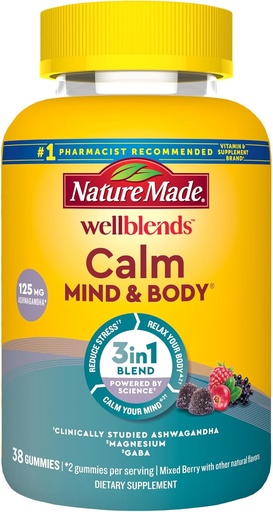 [BRSRMCT6AQNGO2DP] Nature Made Wellbleds Calm Mind & Body, Magnesium Citrate, Ashwagandha 125mg & GABA 100mg Blend για ανακούφιση από το στρες, 38 Gummy Βιταμίνες