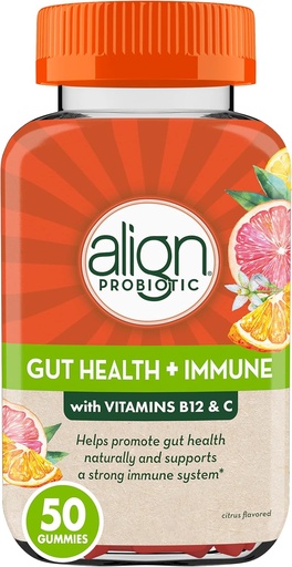 [BRSWGHA6OJ7RU335] Align Probiotic, Gut Health & Immunity Support, Probiotic for Women and Men, #1 Doctor Recommended Brand, Vitamin C and B12 for Immune Support & Energy, Citrus Flavor, 50 Gummies