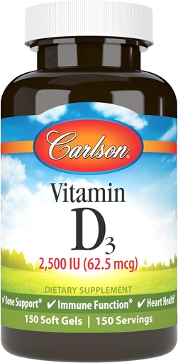 [BRSW2ZL6B57QMAI4] Carlson - Vitamina D3, 2500 UI (62,5 mcg), Immune Support, Bone Health, Muscle Health, Cholecalciferol, Vitamina D Suplementos, Vitamina D3 Soft Gels, 150 Softgels