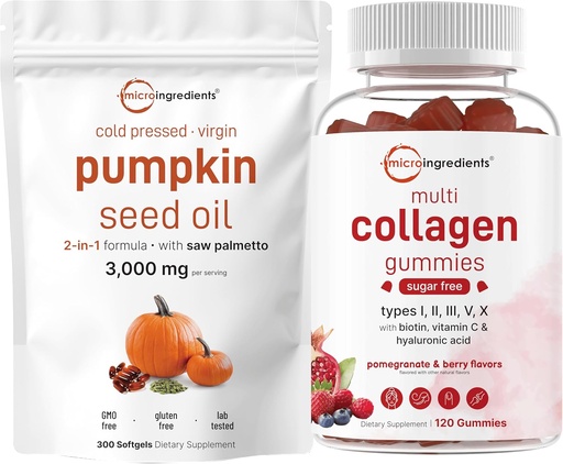 [BRSRAAIRDIOWYDT7] Micro Ingredients Pumpkin Seed Oil with Saw Palmetto 3,000mg Softgels & Multi Collagen Peptide Gummies | 2 Pack | Cold Pressed Virgin Oil | Sugar Free + Biotin, Hyaluronic Acid, & Vitamin C Complex