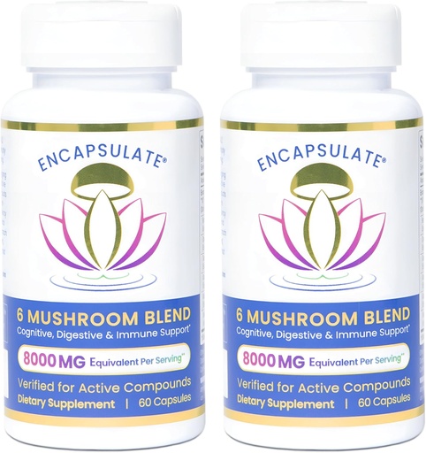 [BRSRMFIDBMMQYAAU] ENCAPSULATE 6 Mushroom Blend – Reishi, Chaga, Turchia Tail, Cordyceps, Lion’s Mane & Shiitake 8:1 Mushroom Extract – Nootropic & Adaptogen Mushroom Supplement per Gut, Brain & Immune Support - 120 Caps