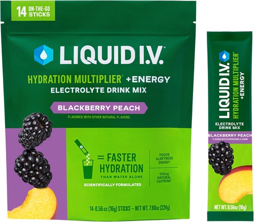 [BRSROAIEA4HQKAL3] Væske I.V.® Hydration Multiplier +Energy | Blackberry-Peach | Elektrolytt pulverdrikk blanding | 1 pakke (14 porsjoner)