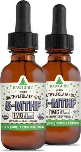 [BRSROGARPJ7QMG3Z] RawGuru Methylfolate 1mg+ Vitamin B12 - Organic Vegan Methylated B12 with Trace Minerals - Nano-Processed & Enhanced Liquid Formula - 300 Servings of Vegan Drops per 30 ml, Pack of 2