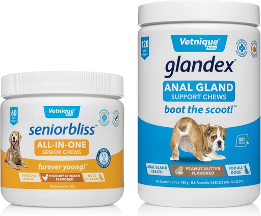 [BRSROBQNOINREEIY] Vetnique Labs Glandex Anal Gland Support Chews Peanut Butter 120 Ct und Seniorbliss All-in-1 Chews 60 Ct Bundle Peanut Butter, Hickory Chicken, Probiotic for Dogs and Cats, Glucosamine, Multivitamin