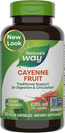 [BRSWIYTYO4HGM3D2] Nature's Way Cayenne Pepper Capsules, Traditional Digestion & Circulation Support*, Capsaicin, Non-GMO Project Verified, Gluten Free, 180 Vegan Capsules (Packaging May Vary)