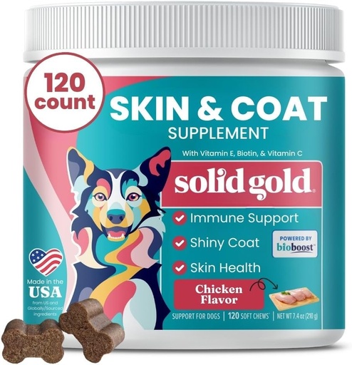 [BRSRAZAODMNQID3H] Solid Gold Omega 3 Fish Oil for Dogs Soft Chews - Chicken Flavored Omega 3 for Dog Skin & Coat Health - Vitamin C, E & Biotin Chews for Dry Skin, Immune Support & Itch Relief for Dogs - All Ages 120ct
