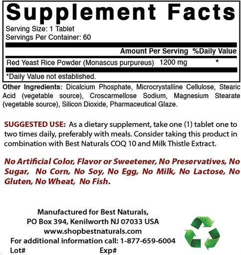 [BRSRMBAHBYNRE23U] Best Naturals Red Yeast Rice 1200 Mg & Niacin 500 mg