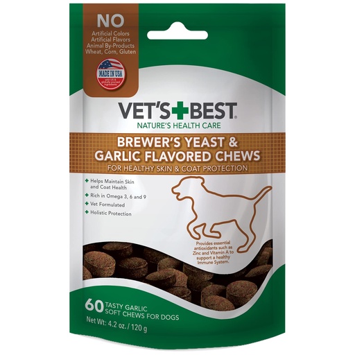 [BRSW2YIROEFBAF3L] Vet's Best Brewer’s Yeast & Garlic Chews, Omega 3 for Dogs Healthy Skin & Coat Protection for Dogs, Dog Formulated with Veterinary Recommended Dosage, Garlic Supplements, 60 ct
