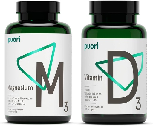 [BRSWYAT3CVYBE3YV] Puori Vitamin D3 and Magnesium Zinc Supplement Bundle for Healthy Muscle Function, Bone Health, Immune Support and Calcium Uptake- Non-GMO and Gluten-Free