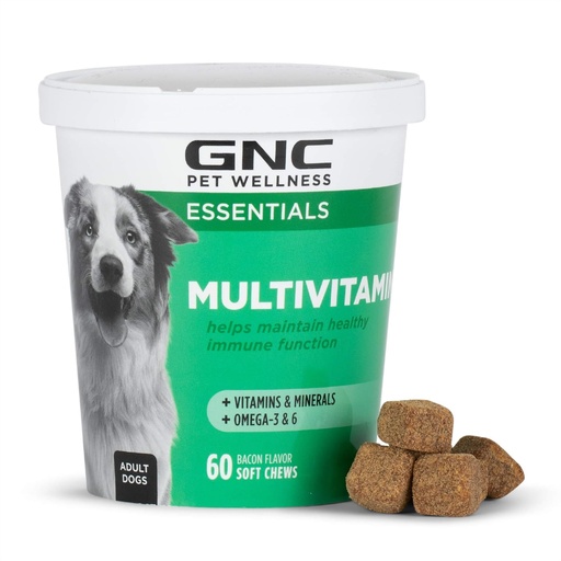 [BRSWYAQ7DIBG2AIY] GNC Pets Essentials Dog Multivitamin Soft Chews, Salmon Oil Dog Supplement in Bacon Flavor, Immune Booster and Skin and Coat Support Chewable with Vitamins & Minerals, 60 Count