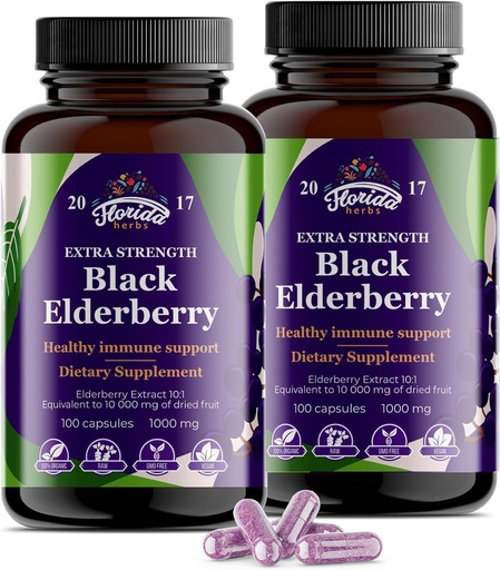 [BRSROAIFCAGWKHI6] Svart Elderbær Capsules ® 200 greve - 10 000mg Sambucus Elderbær Vitaminer, Ikke-GMO, Glutenfri, Økologisk Elderbær Ekstrakt Sambucus Nigra - 200 Vegankapsler - Pakke med 2