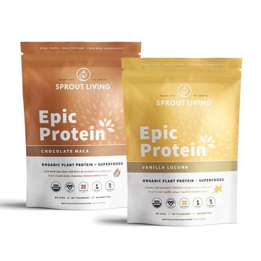 [BRSWYGT2AUFB6CD4] Sprout Living Epic Protein Bundle - Chocolate Maca & Vanilla Lucuma (20g Organic Plant-Based Protein Powder, Vegan, Gluten Free, Superfoods) | 1lb, 12 Servings