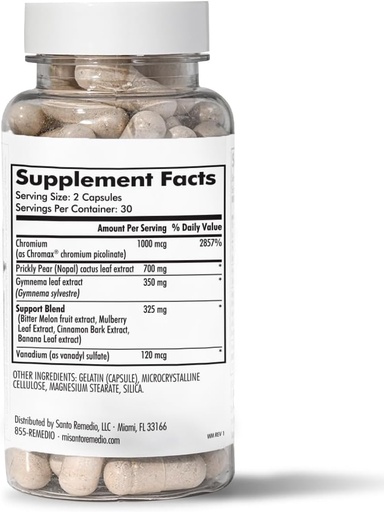 [BRSRMHADC4PAMHT4] Santo Remedio's Exclusive Formula with Nopal, Chromium Picolinate (Chromax), Gurmar (Gymnema Silvestre), and Vanadyl Sulfate. 60 Capsules (30 Servings)