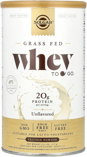 [BRSW2ZAOPJYQ2EL3] Solgar Grass Fed Whey to Go Protein Powder Unflavored, 11.2 oz - 20g of Grass-Fed Protein from New Zealand Cows - Great Tasting & Mixes Easily - Supports Strength & Recovery - Non-GMO, 13 Servings