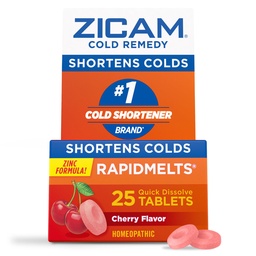 Zicam Cold Remedy RapidMelts, Homeopathic Cold Shortening Relief with Zinc for Nasal Congestion, Non‑Drowsy, Cherry, 25 Count