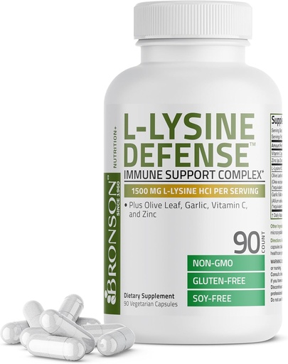 [BRSWYEDRCR7RMC3G] Bronson L-Lysine Defense Immune Support Kompleksi 1500 MG L-Lysine Plus Olive Leaf, Garlic, Vitamin C və sink - Qeyri-GMO, 90 Vegetarian Capsules