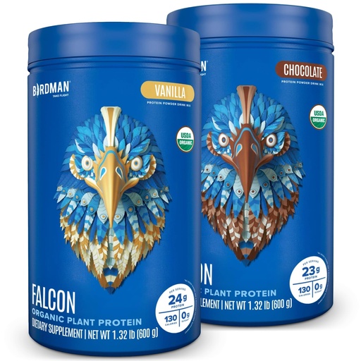 [BRSROBT7B56AICDG] BIRDMAN Falcon Vegan Protein Powder Organic, Stevia & Sugar Free, Plant Based, Low Carb, Dairy Free, Keto, Non Whey, Probiotic, Pea Protein | Combo Pack: Vanilla & Chocolate Flavors - 20 Servings Each
