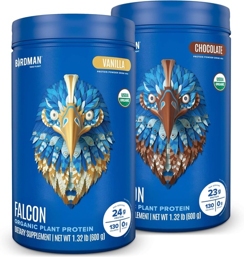 [BRSROBT7B56AICDG] BIRDMAN Falcon Vegan Protein Powder Organic, Stevia & Sugar Free, Plant Based, Low Carb, Dairy Free, Keto, Non Whey, Probiotic, Pea Protein 124; Combo Pack: Vanilla & Chocolate Flavors - 20 Servings Each
