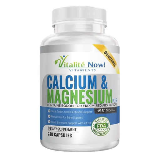 [BRSWKED3PIBA2ALG] Vitalité Now! Calcium Magnesium Supplement with Vitamin D - 10 Forms of Calcium 1000mg for Maximum Absorption - Bone Strength Support with Boron and Phosphorus - 240 Capsules - 2 Month Supply