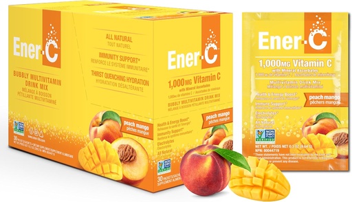 [BRSWGYITA4PAOHYU] Ener-C Peach Mango Multivitamin Drink Mix Powder Vitamin C 1000mg & Electrolytes with Real Fruit Juice Natural Energy & Immune Support for Women & Men - Non-GMO Vegan & Gluten Free - 30 Count