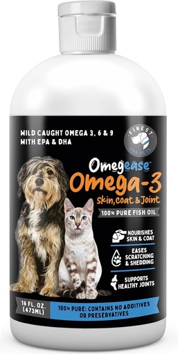 [BRSWKGL5CYNBEFLK] Omegease Fish Oil for Dogs & Cats - Finest for Pets Omega 3 for Cats & Dogs - Supplement for Skin & Coat, Itching, Shedding, Joints & Immune Health - 100% Pure Omega Fish Oil with EPA & DHA (16 oz)