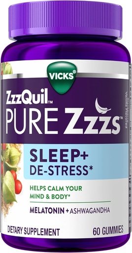[BRSWYZACBEHB4YLZ] ZzzQuil PURE Zzzs De-Stress 2mg Melatonin Gummies, Сонце Aids для дорослих, Ashwagandha для підтримки стресу, 60 Gummies