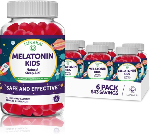 [BRSRMBALDIBRGYL3] Lunakai Kids Melatonin Gummies 1mg - Tastiest Proprietary Formula - Non-GMO, Vegan, Gluten Free Chewable Low Dose Supplement for Kids - Natural Sleep Gummy for Children 2 Year Old+ - (6 Pack)