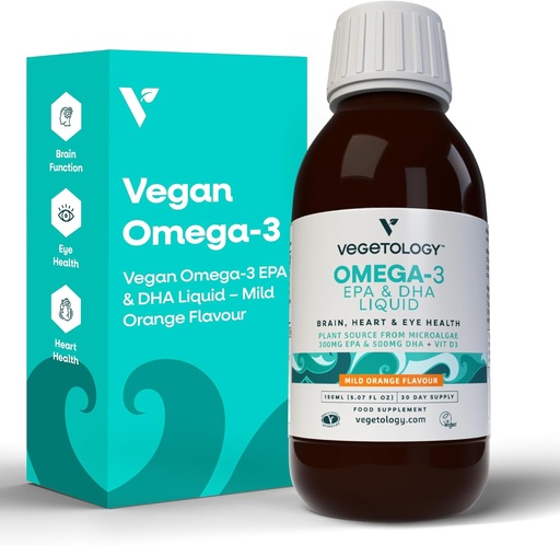 [BRSROFL3AEIAME33] Vegan Omega 3 Liquid, from Microalgae, 800mg of EPA DHA, with Vitamin D3, Supports Heart, Brain, and Eye Health, Natural Fish Oil Alternative, UK Made, Mild Orange Flavoured