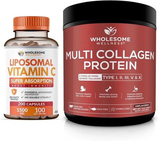 [BRSRAYD3OEBBUD3O] Wholesome Wellness Liposomal Vitamin C Capsules + Multi Collagen Protein Powder Hydrolyzed Bundle