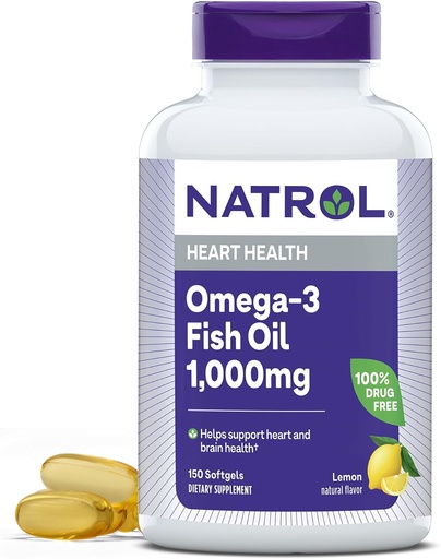 [BRSWIYQ5OMCWYFDY] Natrol, Omega-3 Fish Oil Softgels, Heart Health Dietary Supplement, 1000 mg, 150 Count