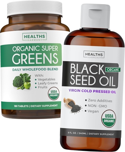 [BRSRAYD4CMPRMYAY] Super Greens & Black Seed Oil (3-Month Supply) Herbal Oil Blend Bundle of Organic Super Greends Powder - Complete Superfood (180 Capsules) & Organic Black Seed Oil Liquid - Cold pressed (8 fl oz)