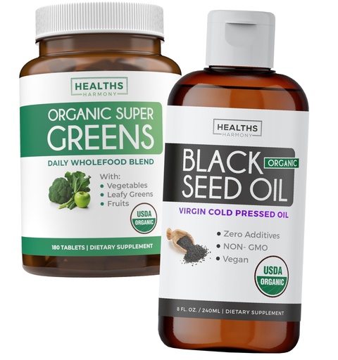[BRSRAYD4CMPRMYAY] Super Greens & Black Seed Oil (3-Month Supply) Herbal Oil Blend Bundle of Organic Super Greends Powder - Complete Superfood (180 Capsules) & Organic Black Seed Oil Liquid - Cold pressed (8 fl oz)
