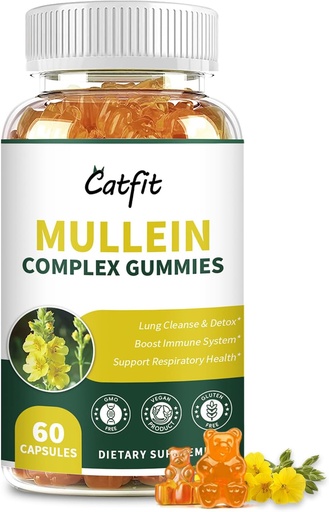 [BRSRACQCA4FQYD32] Catfit Mullein Gummies para pulmões – Extrato de Folha de Mullein com Quercetin, Elderberry para suporte respiratório e imunológico, Saúde do pulmão e respiração, Vegan, flavor de abacaxi, 60 chicletes