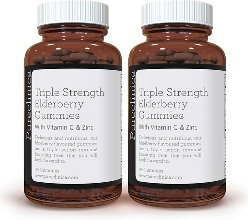 [BRSWY2Q3AUBQMELH] pureclinica Triple Strength Immune Support - Elderberry Gummies with Vitamin C & Zinc x 180 Gummies (2 Bottles of 90) – up to 6-Months Supply!