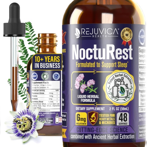 [BRSWKHD4CANB42Q4] Rejuvica Health NoctuRest Liquid Melatonin Drops for Adults – Natural Sleep Aid with Magnesium, L-Theanine & Valerian Root – Nighttime Sleep Support for Calm & Rest - 2X Absorption Drops - 2 Fl Oz